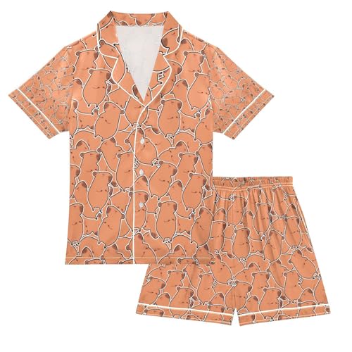 senya Cute Brown Capybaras Satin Summer Pajama Sets Silk Short Sleeve Button Down Sleepwear