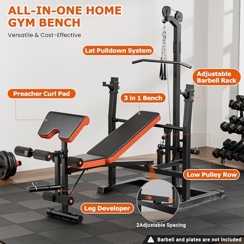 Fostoy 9-in-1 Adjustable Olympic Weight Bench with Lat Pulldown, Row, Squat Rack & Leg Curl – Multi-Function Strength Training Bench Press for Home Gym Full Body Workout