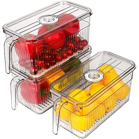 Mivcinn 3 Pack Fridge Organizers with Lid Time Recorder Fridge Storage Boxes with Handle Airtight Refrigerator Freezer for Vegetable Fruit Meat Kitchen Cabinet Organizer Cover