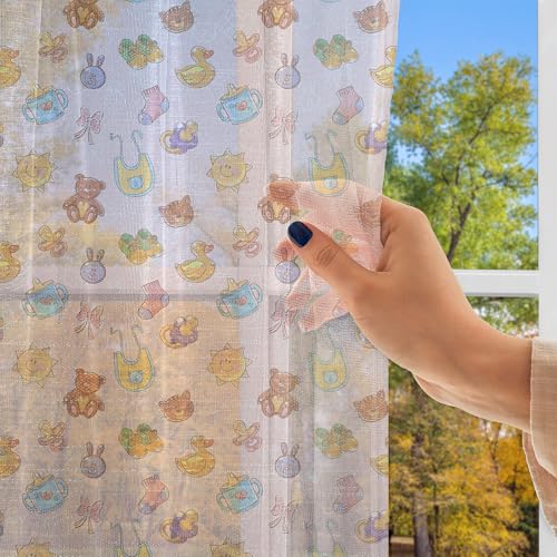 Ambesonne Cartoon Tulle Curtains with Rod Pocket, Teddy Bears Rubber Ducks Pacifiers with Shoes and Socks Doodle Background, Sheer Drape for Wedding Party 2 Panels, 108\" x 108\", Multicolor