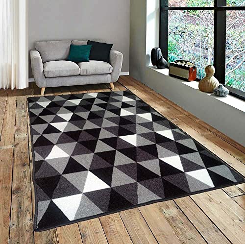 Image of Matz&More Geometric Modern Triangles Rug | 100x150 CM | Grey Black | Soft Nylon Loop Pile with Anti-Slip Gel Backing | Living Room, Bedroom & Office Floor Carpet