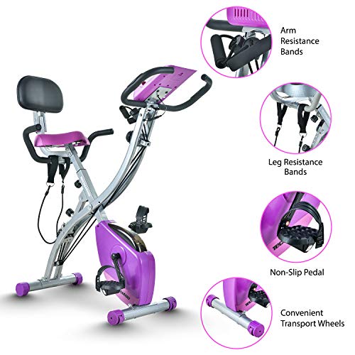 Folding Exercise Bike Portable Upright Adjustable Backrest Cycling Recumbent Stationary Bike Slim Indoor Workout Fitness Cardio Foldable Exercise Bicycle Machine with Pulse Sensor LCD Monitor Arm Resistance Bands
