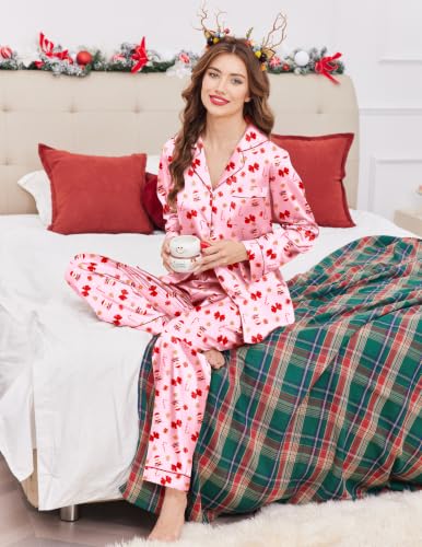 Image of Ekouaer Women's Classic Button Down Long Satin Silk Pajama Set