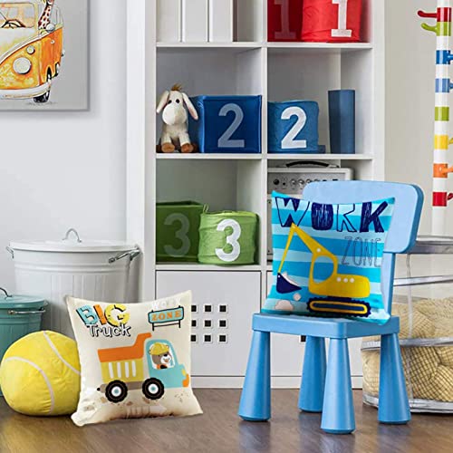 Suesoso Yellow Truck Pillow Cover 16X16 Cute Pillow Cover Tractor Truck Excavator Farmhouse Pillow Covers Blue Construction Truck Pillow Case Square Cushion Cover For Home Sofa Decorate Bed Living #TOP2