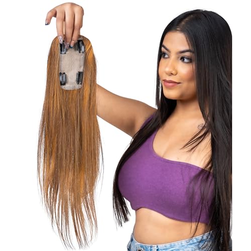 Image of Capilus 100% Human Hair Extensions for Women, Clip in Scalp Topper /Hair Topper, Silk Based- (2X5 inch, 20 Inches, Natural Brown)