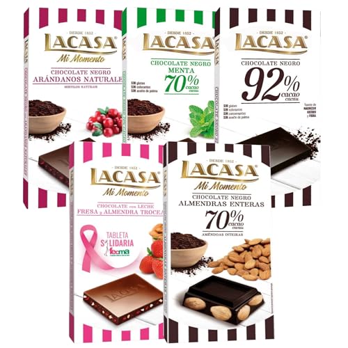 Pack Lacasa 5 deliciosas tabletas de chocolate de distintos sabores y tamaños: arandanos , leche fresa y almendra , menta ,cacao 92% , almendra 200g