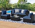 Shintenchi 5 Pieces Outdoor Patio Sectional Sofa Couch, Black PE Wicker Furniture Sets, Patio Conversation Sets with Washable Cushions Glass Coffee Table for Garden, Poolside, Backyard, Aegean Blue