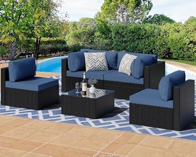 Shintenchi 5 Pieces Outdoor Patio Sectional Sofa Couch, Black PE Wicker Furniture Sets, Patio Conversation Sets with Washable Cushions Glass Coffee Table for Garden, Poolside, Backyard, Aegean Blue