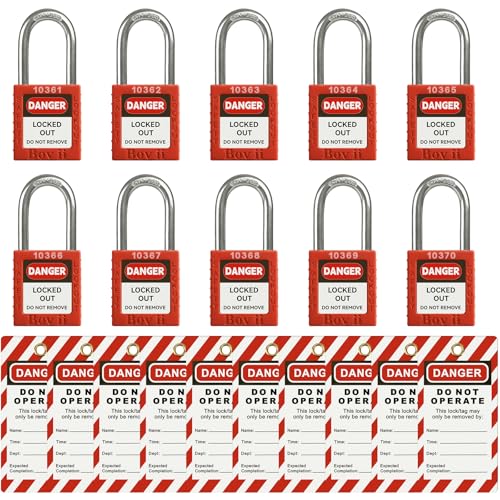 Image of Lockout Tagout Locks, 10 Keyed Different Safety Padlocks, Red | Keyed Different Safety Padlocks with Tags, 2 Keys Per Lock, Built for Industrial LOTO, Maintenance Teams and Safety Programs