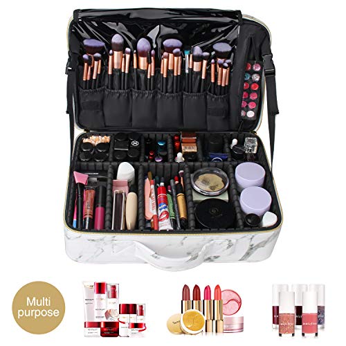 MONSTINA Cosmetic Bags 3 Layer Cosmetic Organizer Makeup Case Beauty Artist Storage Brush Box with Shoulder Strap… (Large, White)