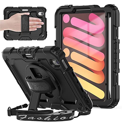 SEYMAC Case for iPad Mini 6 8.3 inch 2021, Shockproof Full Body Protective Case with Screen Protector, Hand Strap/Stand, Adjustable Shoulder Strap, Pencil Holder for iPad mini 6th Generation, Black
