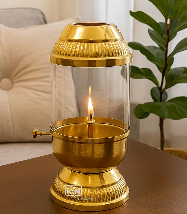 Image of K.N Creation Brass Akhand Diya with Adjustable Bati, Jyoti Wick Lifting Screw Lever, Akhanda Jyothi Deepam, Borosilicate Glass Cover for Pooja (Large, 250 ml: Oil Capacity, Long Lasting 48 Hours)