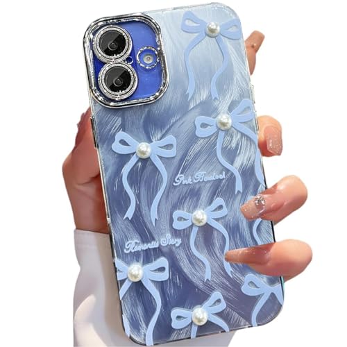 Image of VONZEE Compatible with iPhone 16 6.1'' Case Luxury Pink Girly Cute 3D Bow Pearl Glitter Bling Case with Full Camera Protection Shockproof PC+TPU Glossy Shiny Cover for Girls Women, Blue