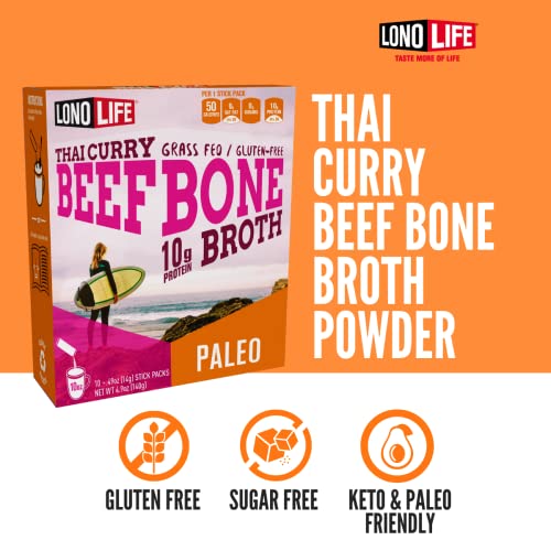 Lonolife - Thai Curry Beef Bone Broth Sticks - 10G Collagen Protein - Grass-Fed, Gluten-Free - Keto & Paleo Friendly - Portable Individual Packets - 10 Count #TOP1