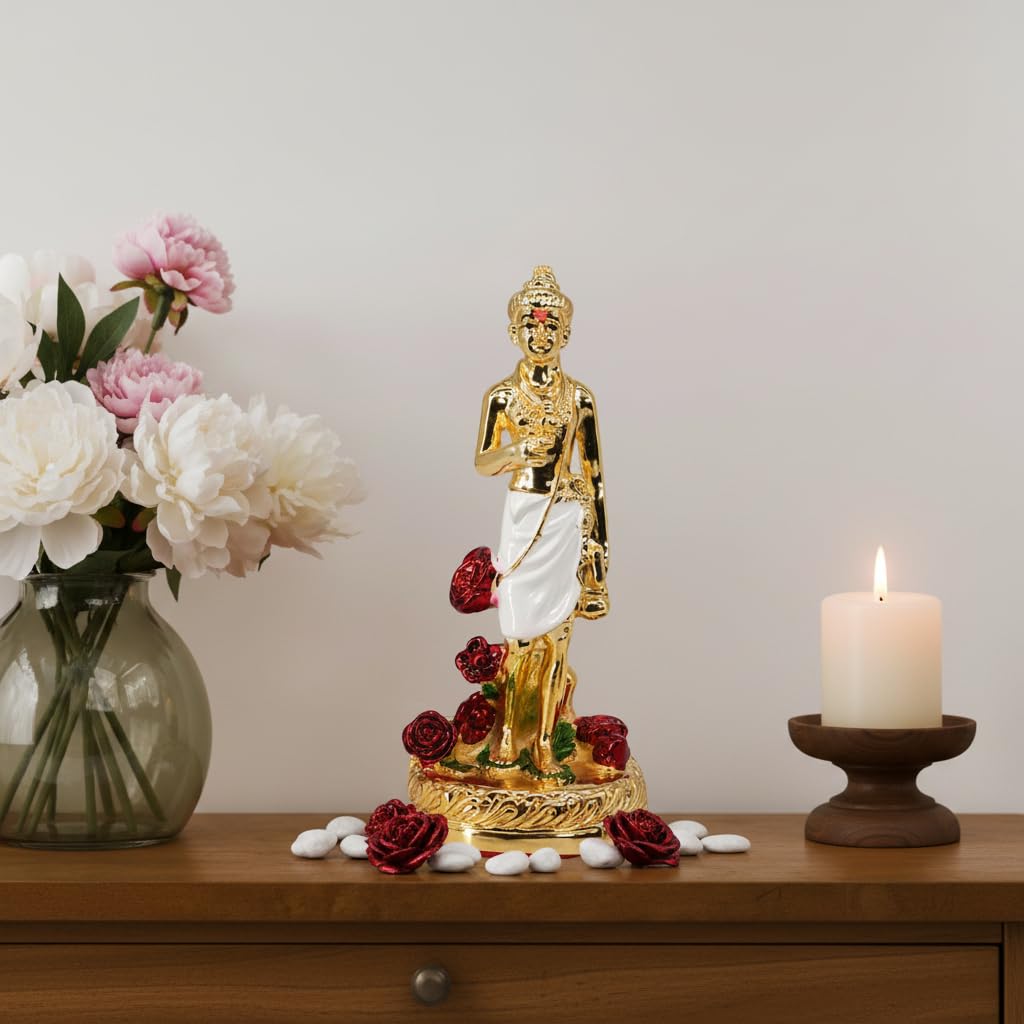Gold Plated Nilkanth Swami with Flower Base | Spiritual Idol for Car Dashboard, Office Desk, Pooja Room & Home Decor |Swaminarayan Murti |Size: 4cm x 3.5cm x 9.5cm-image-16