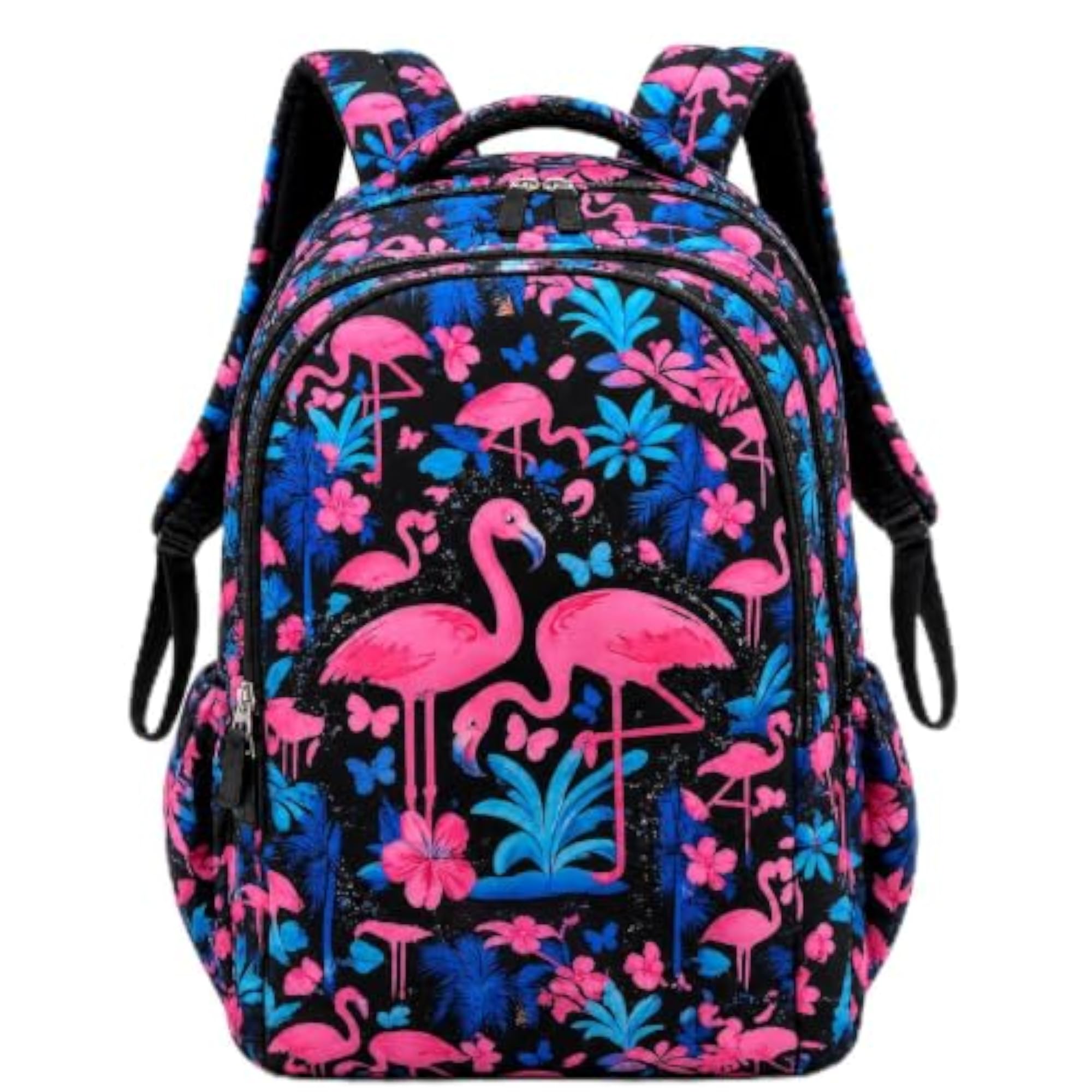 Flamingo Print Backpack for Girls, Black & Pink Tropical