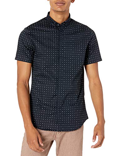 A|X Armani Exchange Men's Short Sleeve Micro AX Ditsy Print Button Down Shirt, Navy Play&Stop Logo, M