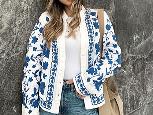 R.Vivimos Women's Summer Fall Cotton Long Sleeves Button Down Floral Embroidery Casual V-Neck Coat Jacket3