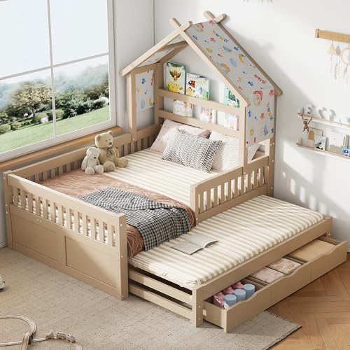 Yihomfy Lit Cabane Enfant 140x200 cm en Bois Massif avec 3 Tiroirs de Rangement, Lit Gigogne Extensible et Barrières de Sécurité, Cadre de Lit Design Maison...