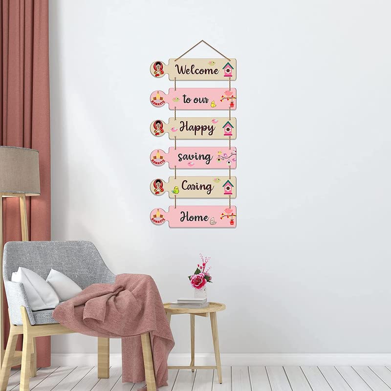Image of Welcome to Our Happy Caring Home Wall Hanging Decor | Wooden Inspirational Quote Hanging for Living Room, Bedroom, Entrance | Home Decoration Item