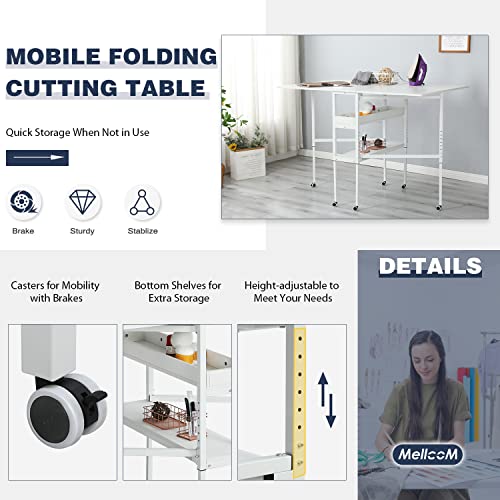 MELLCOM Height Adjustable Craft Table with Storage Shelves, Mobile Folding Cutting Table for Large Fabric, Foldable Sewing Desk for Home Office Sewing Room Craft Room - Image 5