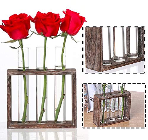 PACDONA Wooden Propagation Station with 3 Glass Test Tubes, Tabletop Glass Terrarium Holder for Cuttings Hydroponics, Home Office Desk Decor Gift for Women Mom Plant Lovers, Brown - Thumbnail 4