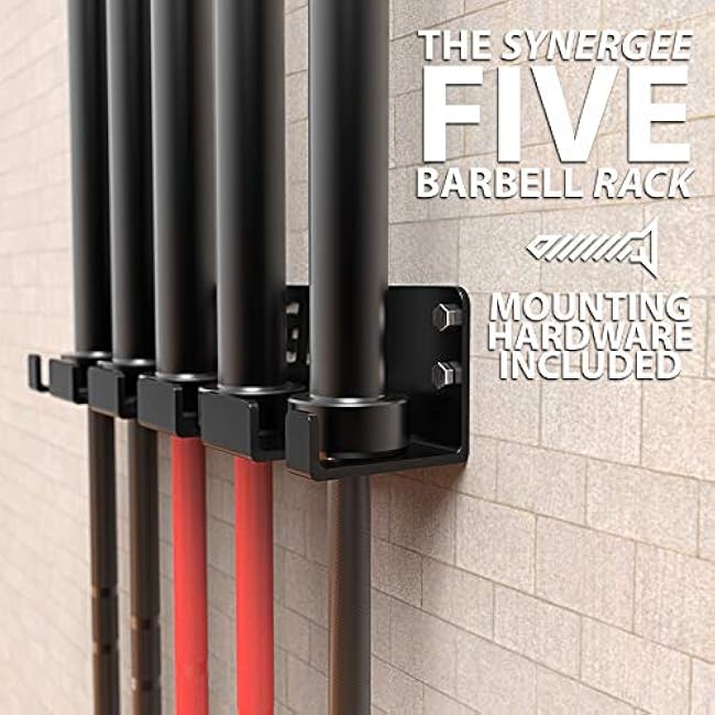 Synergee 1, 2 or 5 Barbell Holder. Vertical Hanging Rack. Holds Bars, Curl, Hex, Tricep Bars. Compact, Vertical Storage. Organization for Home, Commercial, Garage Gyms