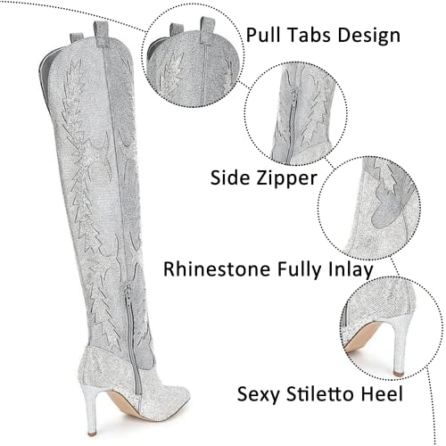 Women's Cowboy Boots Cowgirl Thigh High Boots Western Rhinestones Boots Pointed Toe High Heel 8Cm Pull On Over The Knee Cowboy Boots For Women,Girl,Party #TOP2