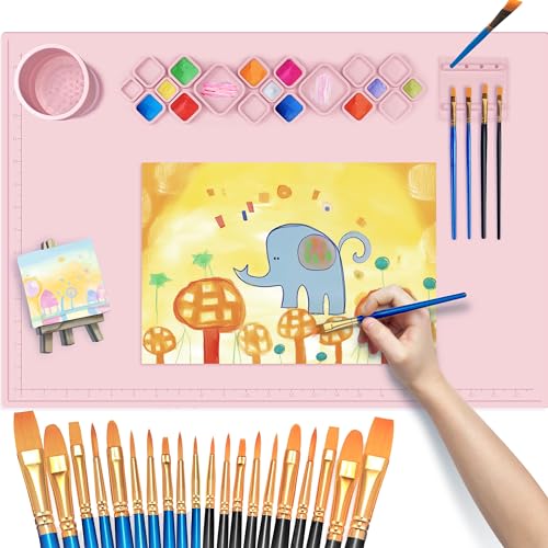 Image of FINFINLIFE XL Silicone Paint Mat for Kid, 24 inchx16 inch Painting Station for Gift, Silicone Art Mat for Crafts with Paint Brush Cleaner Tray Palettes, Painting Brushes Mini Canvas Easel (Pink)