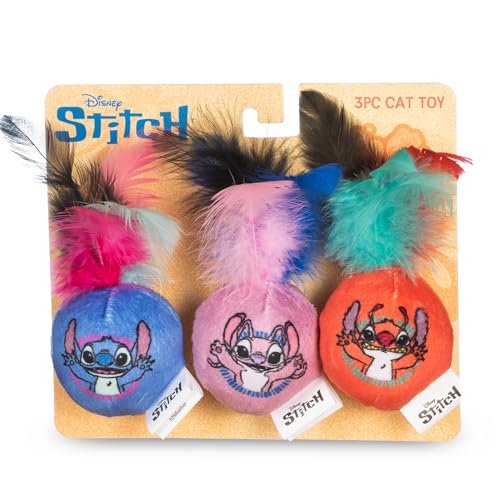 Disney for Pets Lilo and Stitch 3pk Feathered Jingle Balls Cat Toys with Catnip Feather Teaser Ball Set for Cats Cute Kitty Toy Fans
