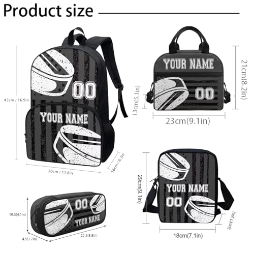 4Pcs Personalized Hockey School Backpack Set Travel Bookbag Lunch Bags Shoulder Bag Pencil Holder for Middle School Student, Black American Flag3
