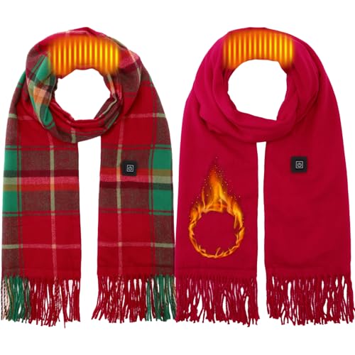 Geyoga 2 Pcs Christmas Heated Scarf for Women Men USB Heating Rechargeable Buffalo Plaid Scarf Faux Cashmere Tartan Electric Heated Neck Warmer for Xmas Winter Holiday Gift