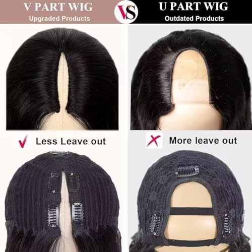 Image of V Part Wig Human Hair Kinky Straight 180% Density Upgrade U Part Human Hair Wig For Women No Leave Out No Glue Beginner Friendly Full Head Clip In Half Wigs Yaki V Shape Wigs 20 Inch Natural Color