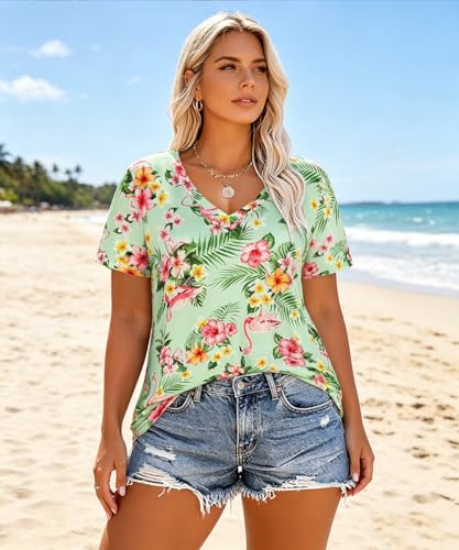 Image of RITERA Women Plus Size Tops Tie Dye V Neck Shirt Floral Camo Summer Short Sleeve Tunic Oversized Ladies Blouse XL-5XL