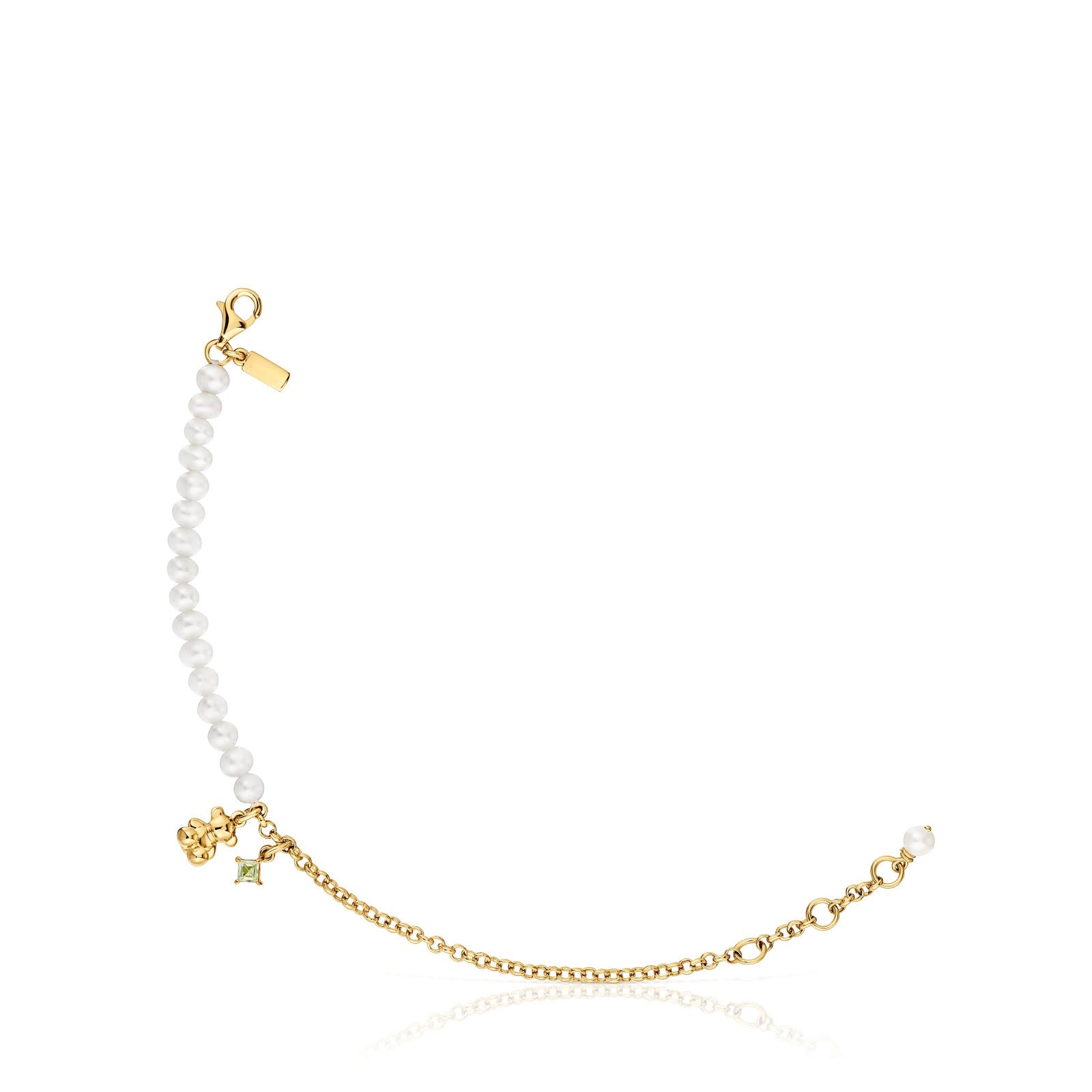 TOUS Pulsera Caden para Mujer con Motivo de Oso con Baño de Oro 18kt sobre Plata de Primera Ley, Perlas Cultivadas y Peridoto, Colección Bold Bear