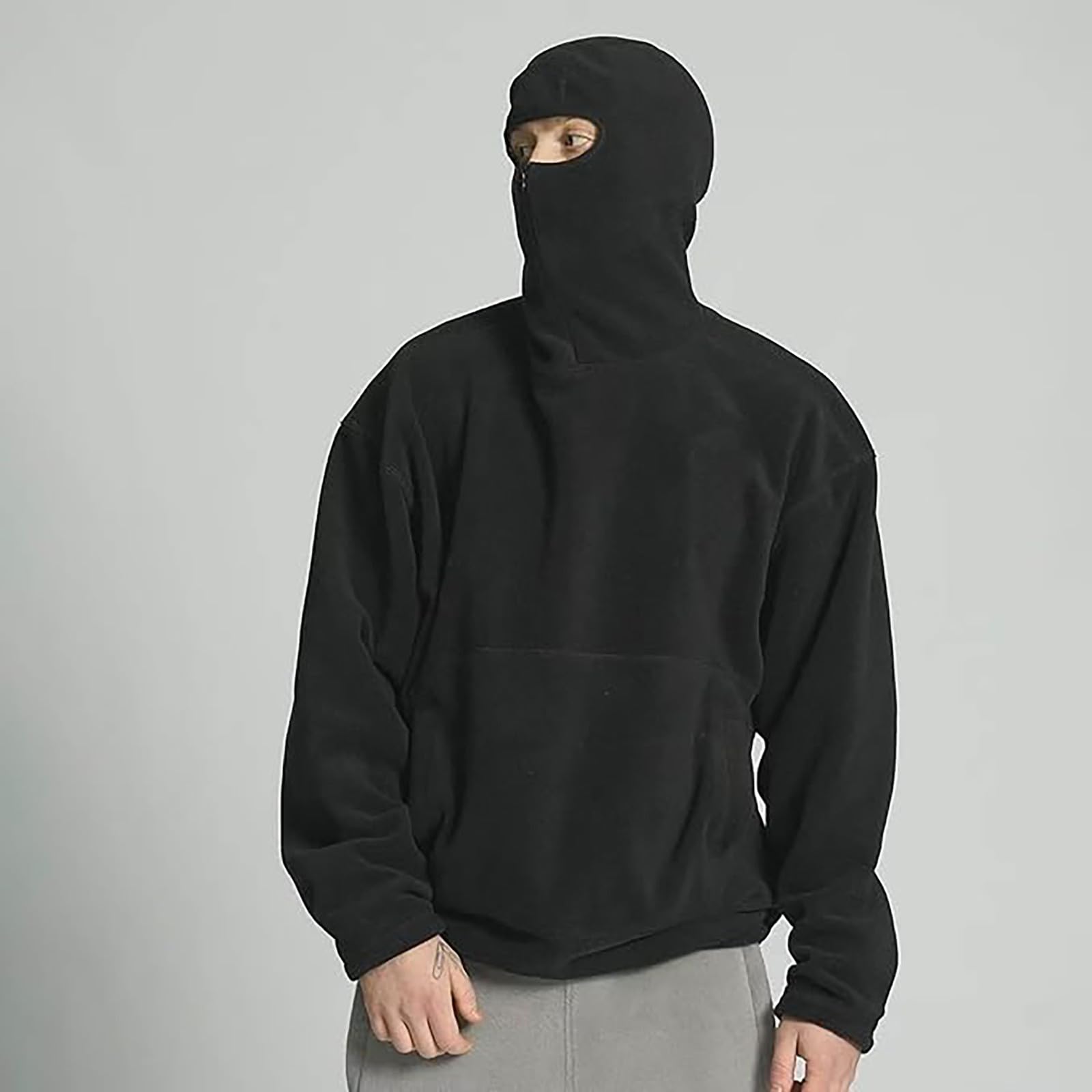 Balaclava Felpa con cappuccio da uomo con collo alto, Hip Hop, in pile, felpa con cappuccio, oversize, tinta unita, hood urbano, antivento, calda felpa in pile giapponese
