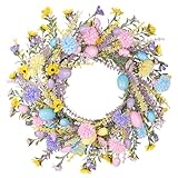 Aneco 24 Inch Easter Wreath Spring Artificial Flower with Colorful Eggs Hydrangeas Daisies Eucalyptus Leaves for Easter Spring Home Window Wall Door Decor Holiday Supplies