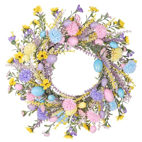 Aneco 24 Inch Easter Wreath Spring Artificial Flower with Colorful Eggs Hydrangeas Daisies Eucalyptus Leaves for Easter Spring Home Window Wall Door Decor Holiday Supplies by Aneco - Used condition - US$18.52