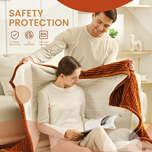 Bearhug Electric Blanket Twin Size, Ribbed Flannel & Sherpa 62"X84" Heated Blanket, 5 Year Warranty, 10 Heating Levels & 1-12H Auto Off, Over Heat Protection, Machine Washable #TOP5