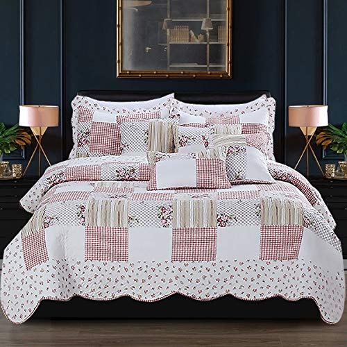Quilted Bedspread Throw Bed Cover Double for Bedroom Décor + 2 Pillow Sham, Floral Vintage Design 100% Cotton Bedspreads Comforter Set (Masson)