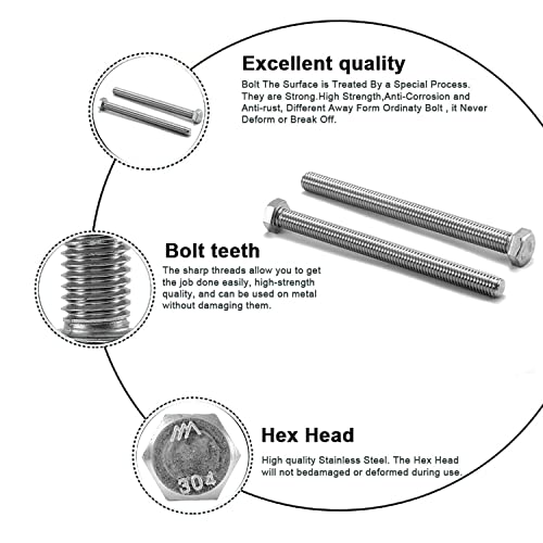 Image of M8 Hex Bolt, M8-1.25 x 50mm Hex Head Screw Bolts, 304 Stainless Steel, Fully Threaded, Plain Finish, Hex Tap Bolts 10Pcs (M8x50mm)