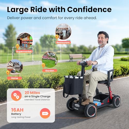 Image of Lightweight Mobility Scooter, Comfortable Foldable Motorized Scooter, 20Miles Long Range, Removable Battery, 270lbs Capacity, Only 45lb Weight, with LED Headlights and Basket, Width Adjustable