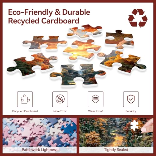 Puzzle redondo 3D de 1000 piezas para adultos, escena de naturaleza con ciervo, cascada y atardecer miniatura 3