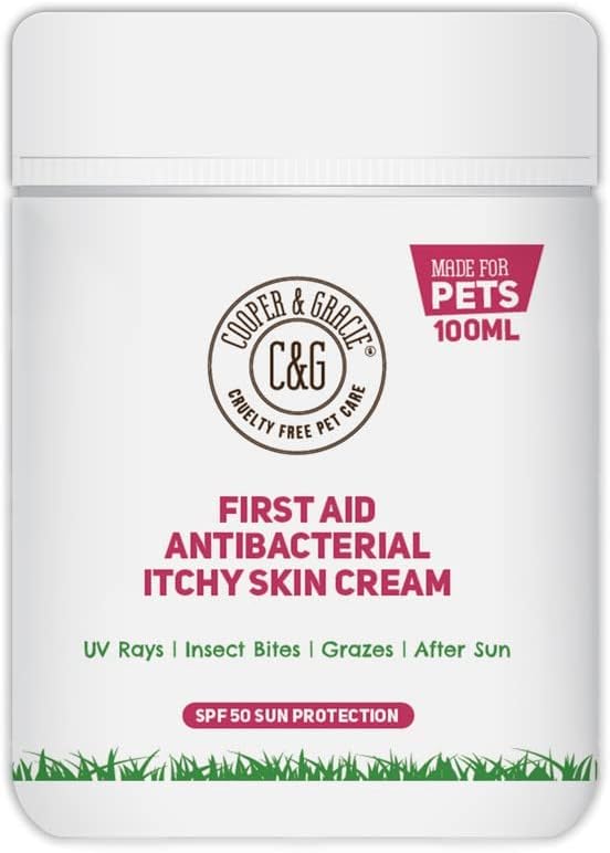 C&G PETS | FIRST AID ANTIBACTERIAL ITCHY SKIN CREAM WITH SPF 50 | 100% NATURAL ESSENTIAL OIL | MAINTAINS CRACKED ITCHY SKIN |LICK SAFE NON TOXIC NON IRRITANT |HIGHLY ABSORBENT SUN CREAM FOR DOGS 100ML