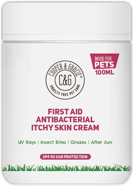 C&G PETS | FIRST AID ANTIBACTERIAL ITCHY SKIN CREAM WITH SPF 50 | 100% NATURAL ESSENTIAL OIL | MAINTAINS CRACKED ITCHY SKIN |LICK SAFE NON TOXIC NON IRRITANT |HIGHLY ABSORBENT SUN CREAM FOR DOGS 100ML
