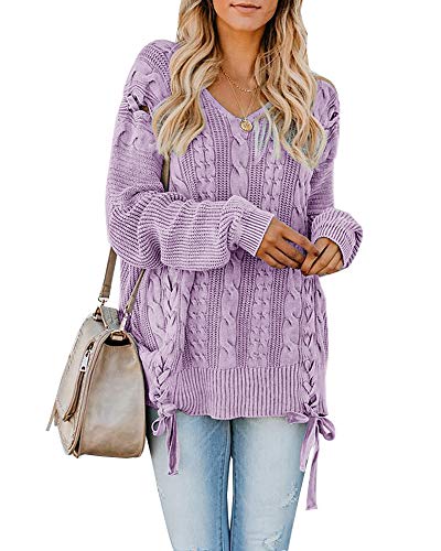 Womens Oversized Sweaters Plus Size V Neck Long Sleeve Chunky Warm Lace Up Pullover Sweater Cable Knit Jumper Tops Purple