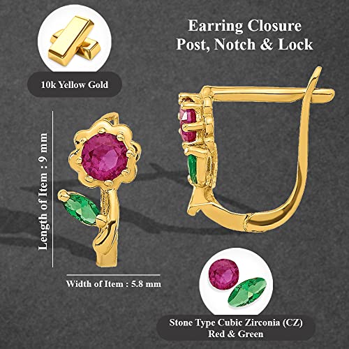 Diamond2Deal 14K Yellow Gold Red Green Cubic Zirconia Flower Hoop Earrings Fine Jewelry For Women (L-9 Mm, W-5.8 Mm #TOP2