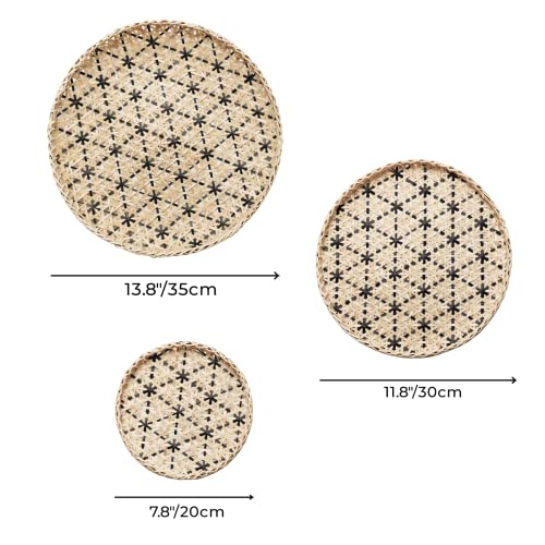 Decocoon 3 Pieces Handmade Bamboo Woven Basket Tray, Bamboo Woven Wall Baskets Decor Boho Flat, Rattan Tray For Wicker Wall Decor, Decorative Plates For Wall Hanging, Decorative Bamboo Basket (Set B) #TOP1