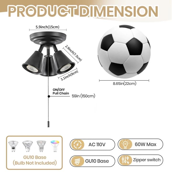 Image of 3‑Head Adjustable Ceiling Spot Light with Pull Chain, Matte Black Semi‑Flush Mount Ceiling Light Fixture, Multi‑Directional Rotatable Spotlight E26 for Hallway Kitchen Bedroom