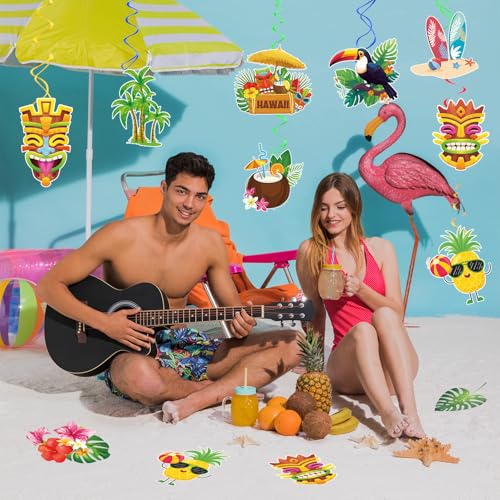Image of 32pcs Aloha Party Decorations Hawaiian Luau Hanging Swirls Tropical Summer Tiki Party Decorations Flower Palm Flamingo Sign Foil Ceiling Hawaiian Decor Ect Beach Hawaiian Party Supplies